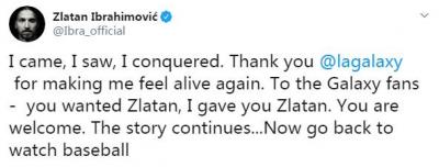 伊布告别美职联洛杉矶银河：我来到我征服