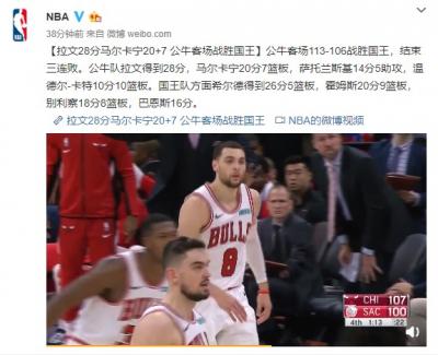 拉文28分希尔德26分公牛113-106力克国王止住三连败