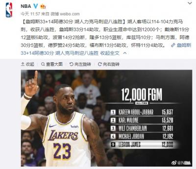 詹姆斯33分14助阿德30分湖人114-104马刺夺8连胜