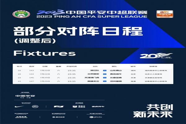 中超联赛官方调整第18轮和第19轮比赛日期,共有4场比赛受影响