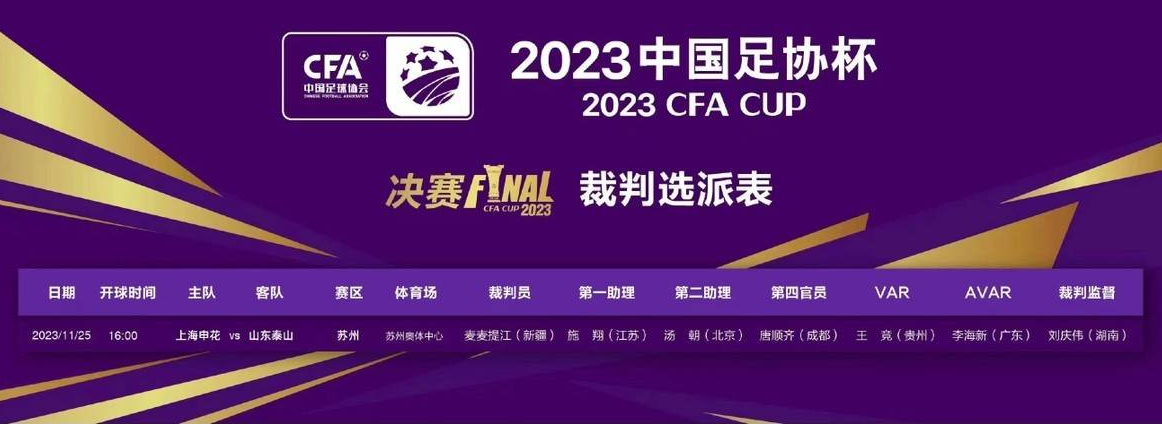 中国足协杯决赛裁判名单：麦麦提江掌舵上海申花迎战山东泰山大战
