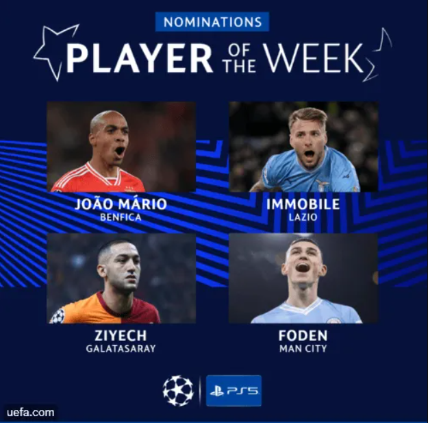 欧足联揭晓欧冠小组赛第五轮最佳球员候选