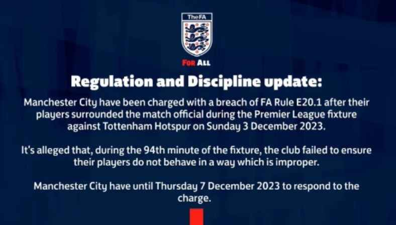 英足总控诉曼城球员不当行为待球队回应澄清