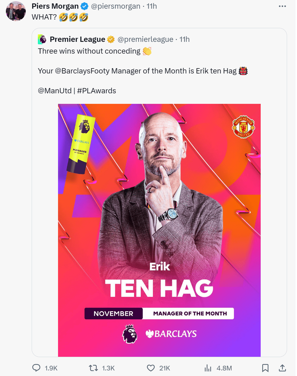 英超正式宣布：曼联主帅滕哈格荣膺11月最佳教练