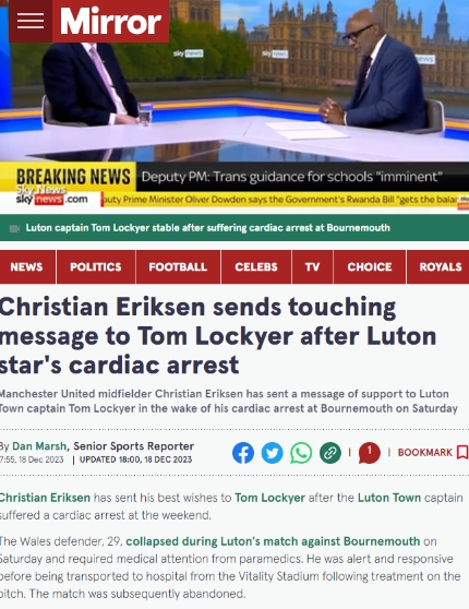 卢顿队长洛克耶遭遇昏迷后埃里克森发出温暖安慰