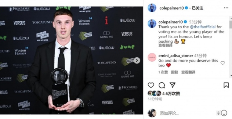 切尔西前锋帕尔默荣获伦敦足球年度最佳年轻球员殊荣