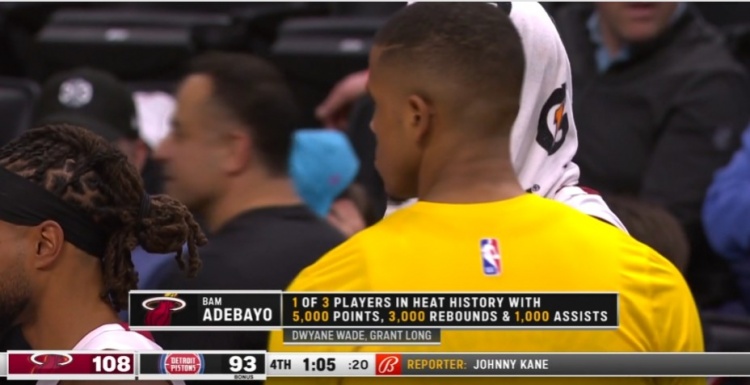 阿德巴约成为热火队史第三达成5000分3000篮板1000助攻的球员