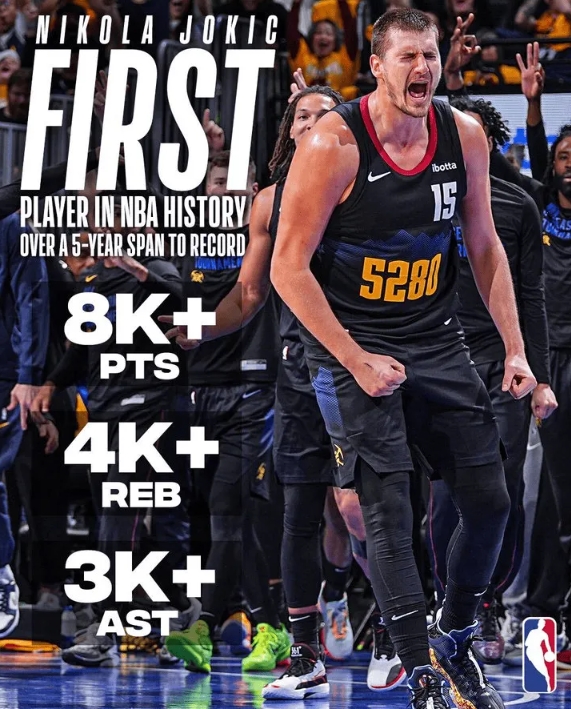 约基奇创下连续五个赛季多项里程碑成为NBA历史第一人