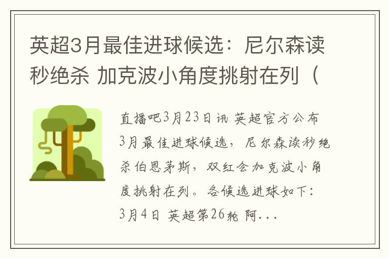 英超3月最佳进球候选：尼尔森读秒绝杀 加克波小角度挑射在列（但据尼尔森体育数据显示,英超俱乐部旗下商业合作伙伴）