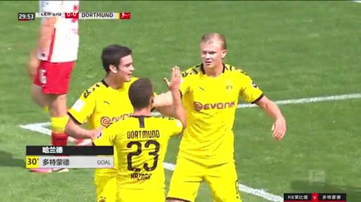 德甲-哈兰德双响 多特2-0莱比锡获德甲第二（多特球星哈兰德）