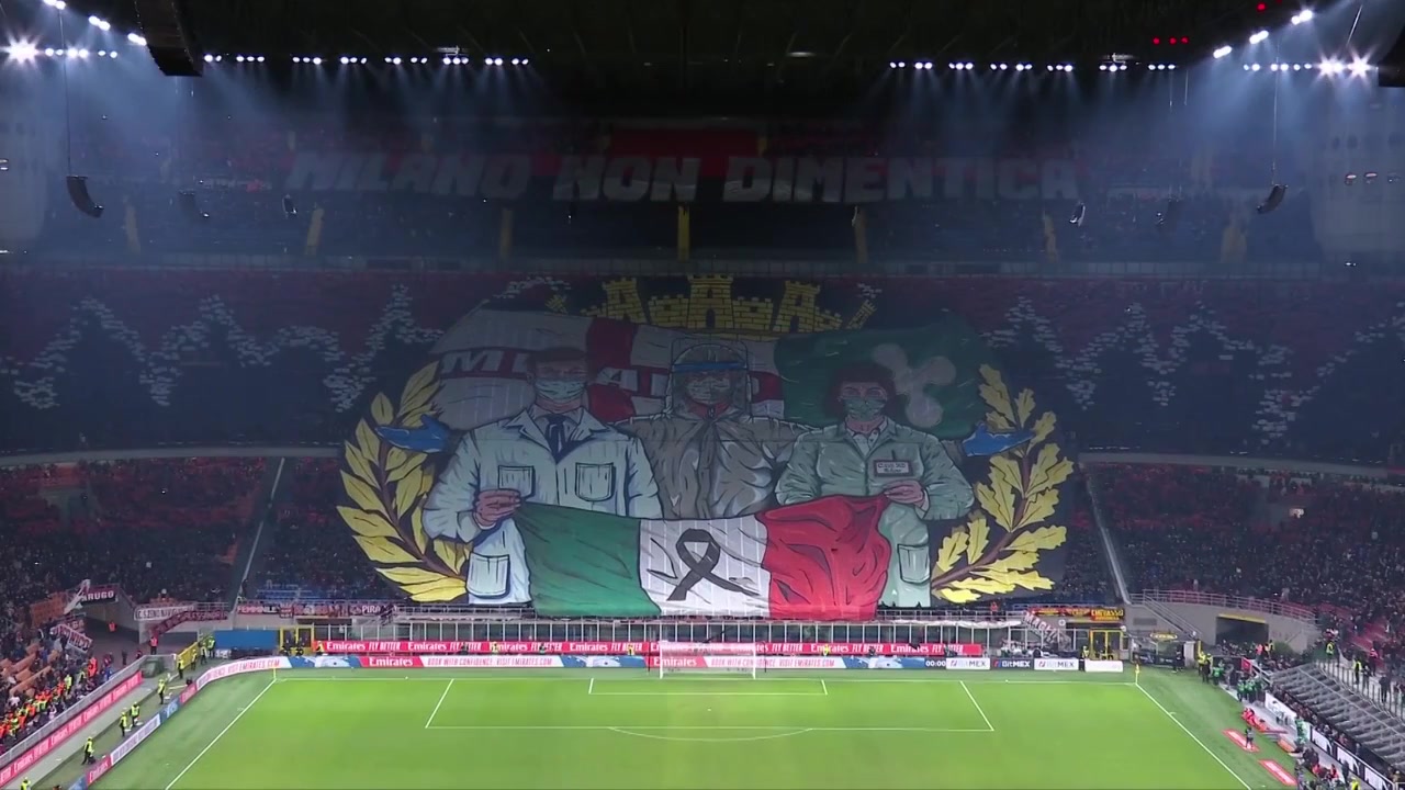 米兰德比！米兰南看台致敬医务人员 国米北看台嘲讽死敌无冠（米兰南看台图案）