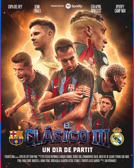 （德斯特 巴萨）巴萨社媒晒国家德比海报：布斯克茨、莱万、特尔施特根出镜