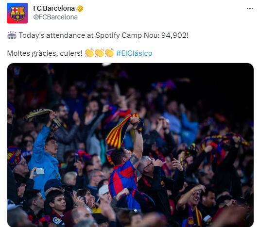 （巴萨球场 诺坎普）巴萨官方：94902名球迷来到诺坎普球场，观战国王杯国家德比