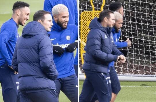 （兰帕德执教）兰帕德训练课和奥巴梅扬开玩笑，有球迷呼吁让他顶替哈弗茨