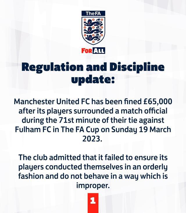 （英超曼联对富勒姆）英足总官方：因对阵富勒姆时球员围住裁判，曼联罚款6.5万镑