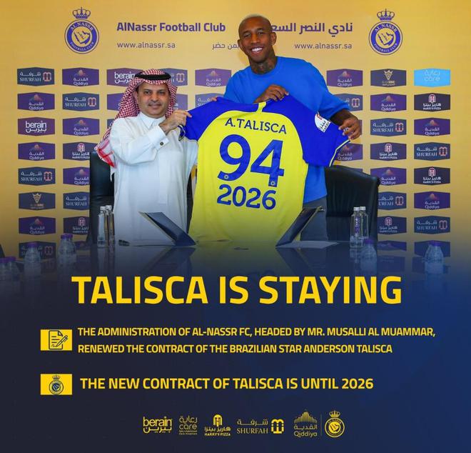 （利雅得联队）官宣！利雅得胜利与塔利斯卡续约3年 中超旧将成C罗最佳搭档