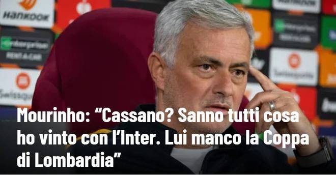 穆里尼奥还击卡萨诺：我在国米拿三冠 他连个地区杯都没有