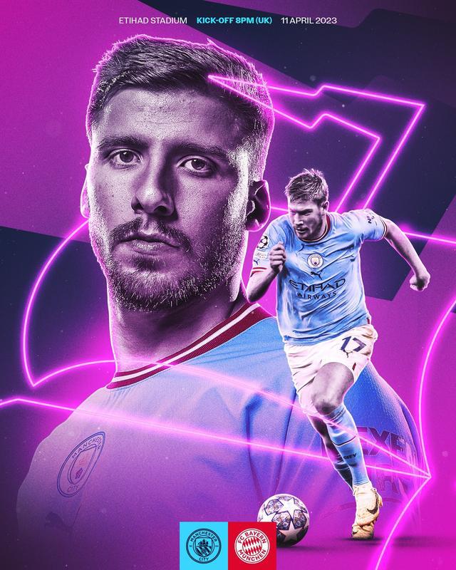 （欧冠曼城vs拜仁）曼城发布欧冠对阵拜仁海报：鲁本-迪亚斯、德布劳内出镜