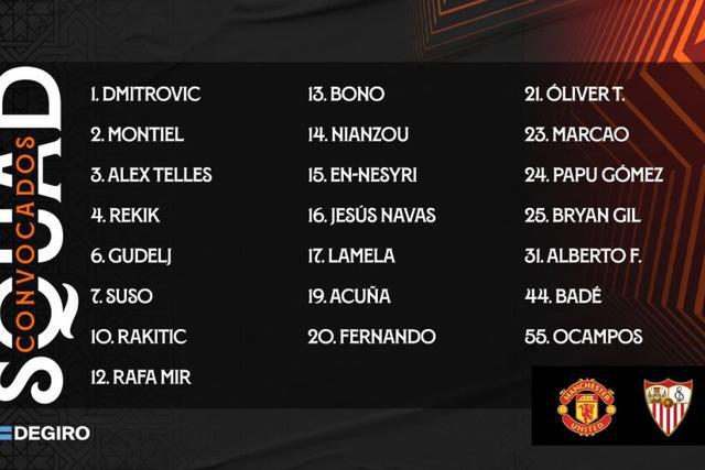 （塞维利亚和曼联历史战绩）塞维利亚vs曼联大名单：拉基蒂奇领衔 苏索&特莱斯&蒙铁尔在列