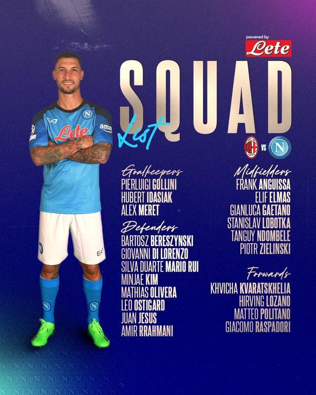 (那不勒斯vs米兰)那不勒斯战米兰大名单:克瓦拉茨赫利亚领衔,奥斯梅恩缺阵