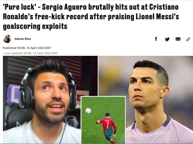 阿圭罗看低C罗:任意球纯靠蒙!皇马2传奇比他强,梅西全在找角度