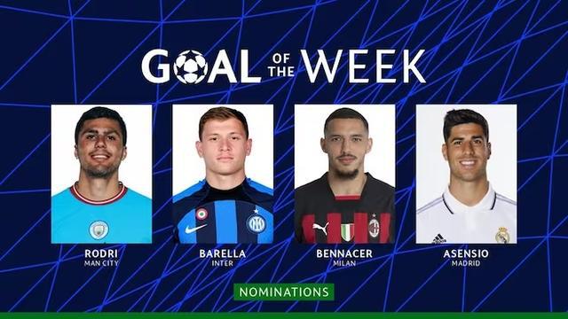 (欧冠官方最佳进球)本周欧冠最佳进球候选:罗德里逆足完美弧线、本4反击爆射