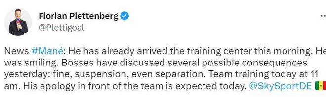 (马内去哪了)最后一拳?记者:马内会向全队公开道歉 球员或遭开除