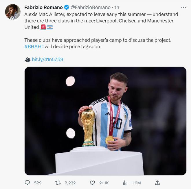 （曼城 麦卡蒂）夏窗必走！3家俱乐部争夺麦卡利斯特，曼联要花多少钱