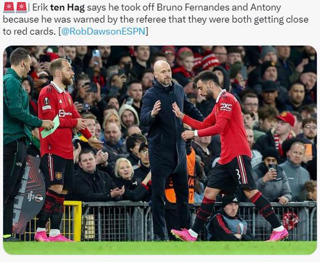 滕哈格解释曼联奇怪换人决定！疑遭裁判警告，B费安东尼可能染红