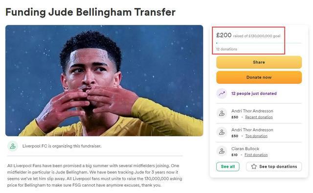 （利物浦主帅贝尼特斯）众人拾柴火焰高！利物浦球迷众筹签贝林厄姆，1.3亿镑已筹200镑