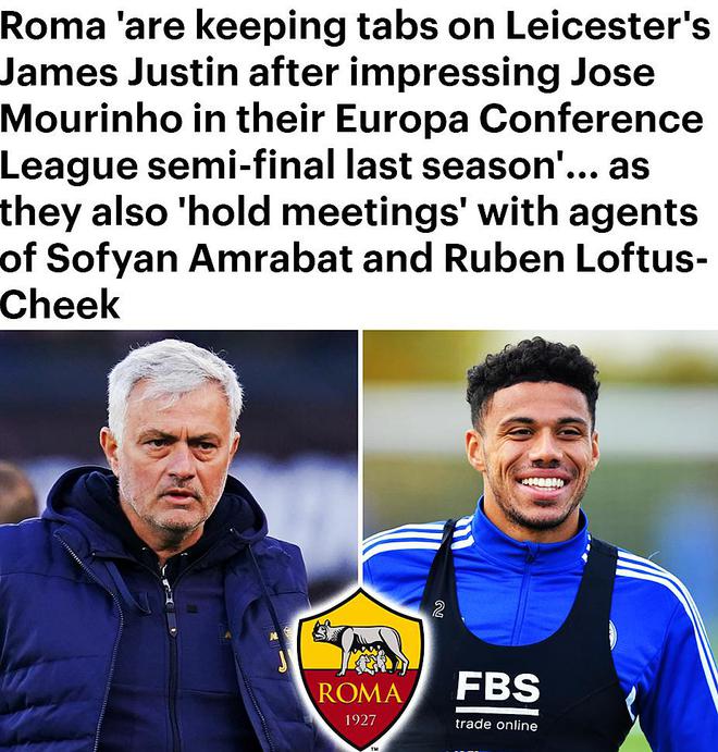 英媒：穆里尼奥看上莱斯特城贾斯汀 罗马还有意阿姆拉巴特和奇克