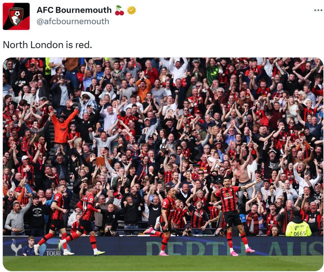 熟悉的口号，客场绝杀热刺之后，伯恩茅斯官推：北伦敦是红色的！