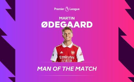 (厄德高首秀)官方:1粒进球1次关键传球,厄德高当选对阵西汉姆联全场最佳