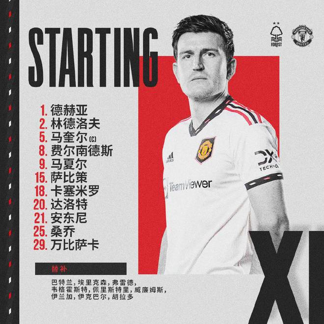 曼联vs诺丁汉森林首发：马奎尔、林德洛夫搭档中卫 马夏尔先发出战