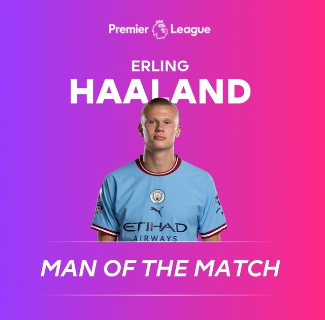 （曼城引援哈兰德）进球破纪录，英超官方：哈兰德当选曼城vs西汉姆联全场最佳